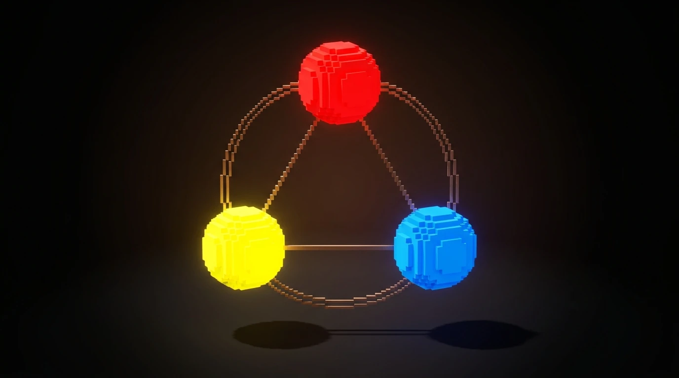 Triadic scheme as voxel blocks: three hues spaced evenly at the points of a triangle on the color wheel.