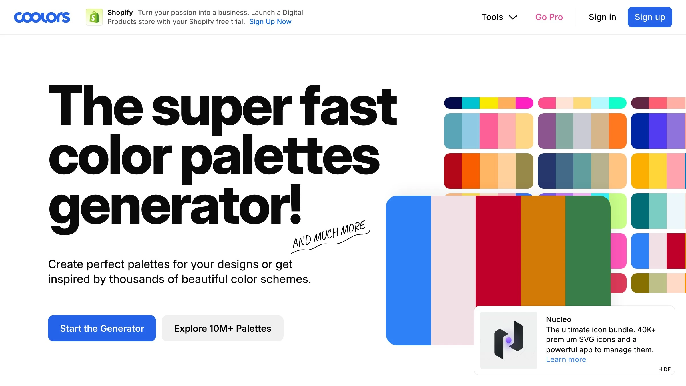 Coolors palette generator showing a five-color harmony with individual swatches locked and ready for export.
