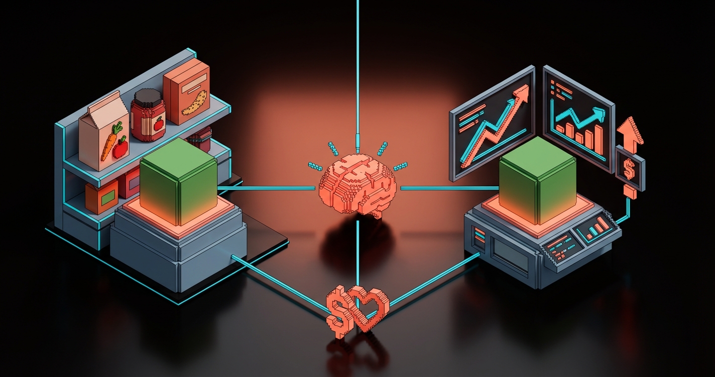 Voxel split scene: two identical green voxel cubes in different environments showing how context changes meaning