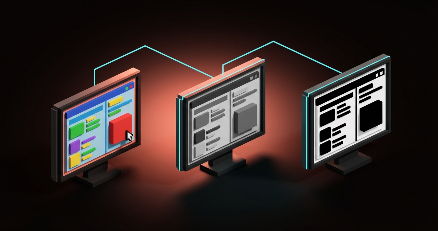 Voxel accessibility diagram: three voxel screens showing the same interface in full color, grayscale, and high contrast