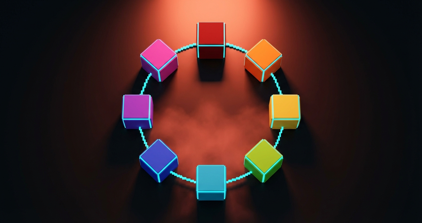 Voxel color wheel showing how different hues connect and contrast in a radial arrangement