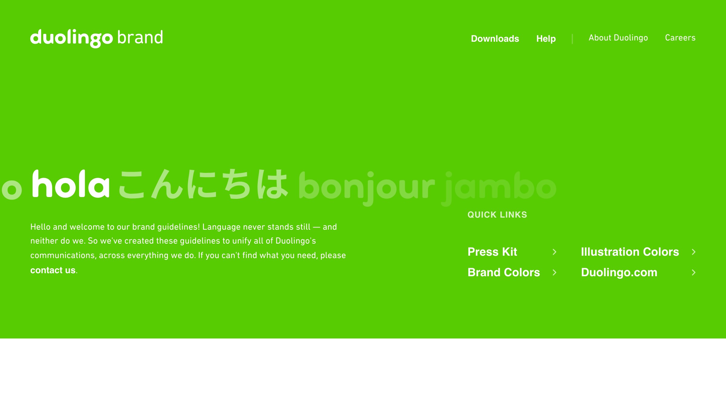 Duolingo design system homepage in Pantone 360 C green.