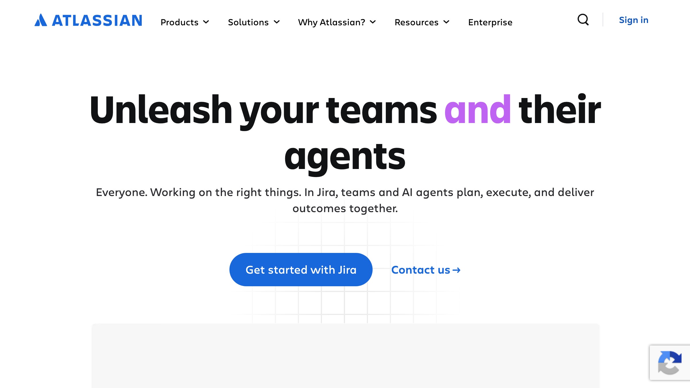 Atlassian homepage carrying the same warm enterprise blue across hero, nav, and CTA.