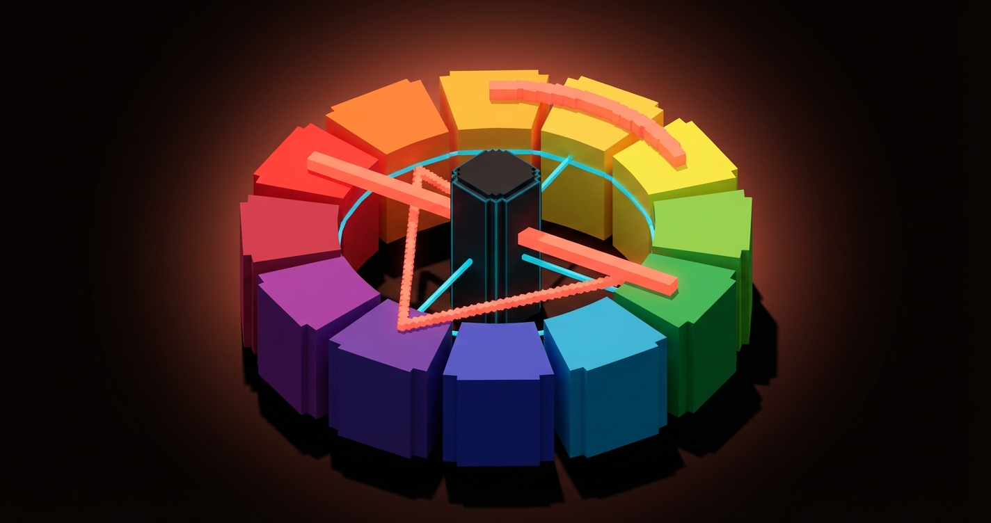 Voxel color wheel shown at three-quarter angle with radiating stacks of colored voxel blocks and three overlay lines illustrating complementary, analogous, and triadic color harmonies