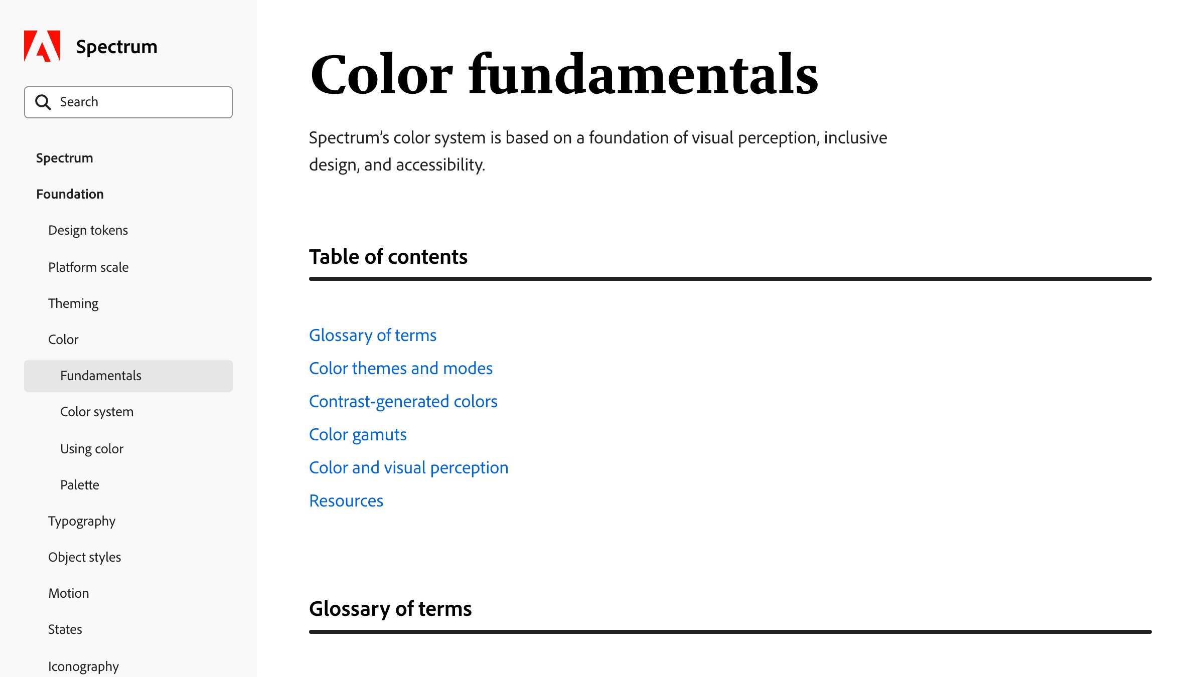Adobe Spectrum color fundamentals documentation showing the perceptually uniform scales that keep contrast relationships stable when swapping hues across themes