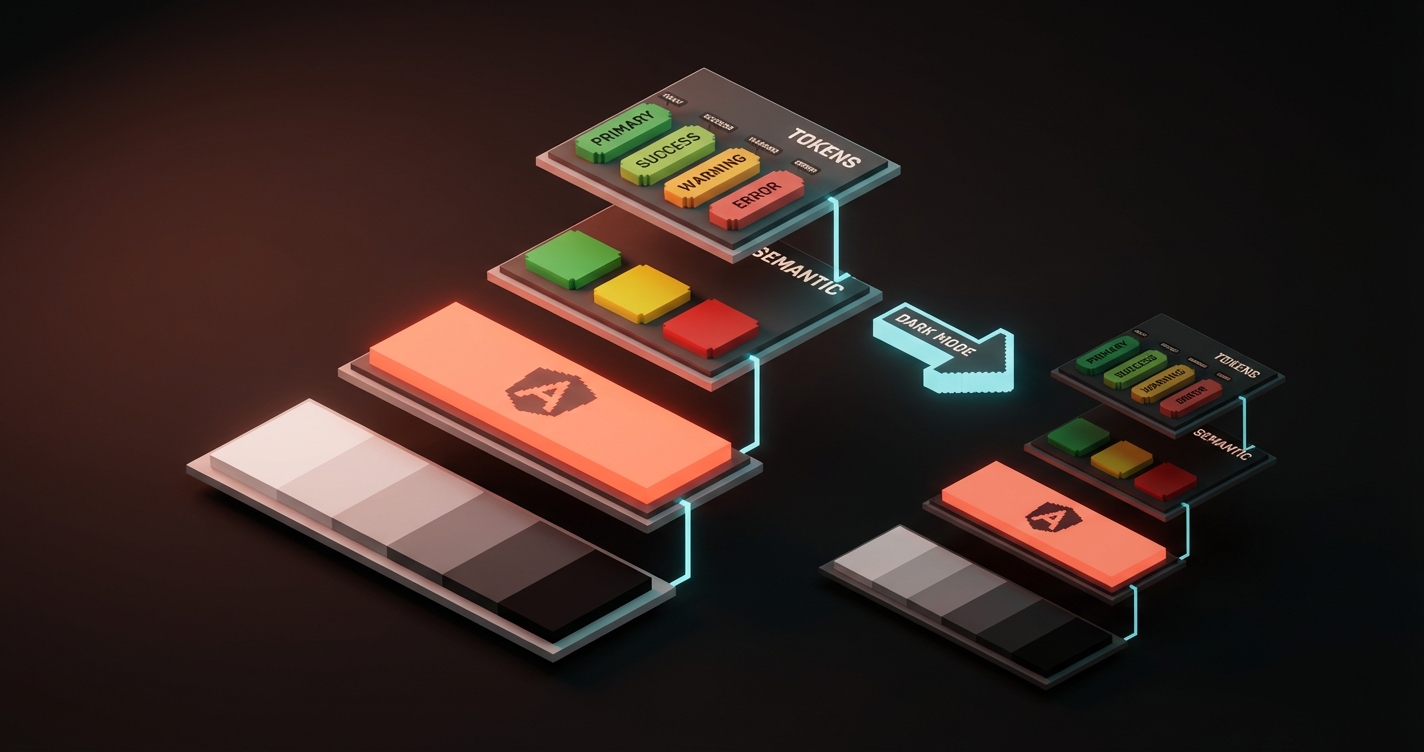 Voxel diagram showing a palette being built layer by layer: bottom plate shows a long neutral gray scale, next plate adds brand accent, next adds semantic colors, top plate is labeled TOKENS with named role chips, arrow showing dark mode mirror of same stack