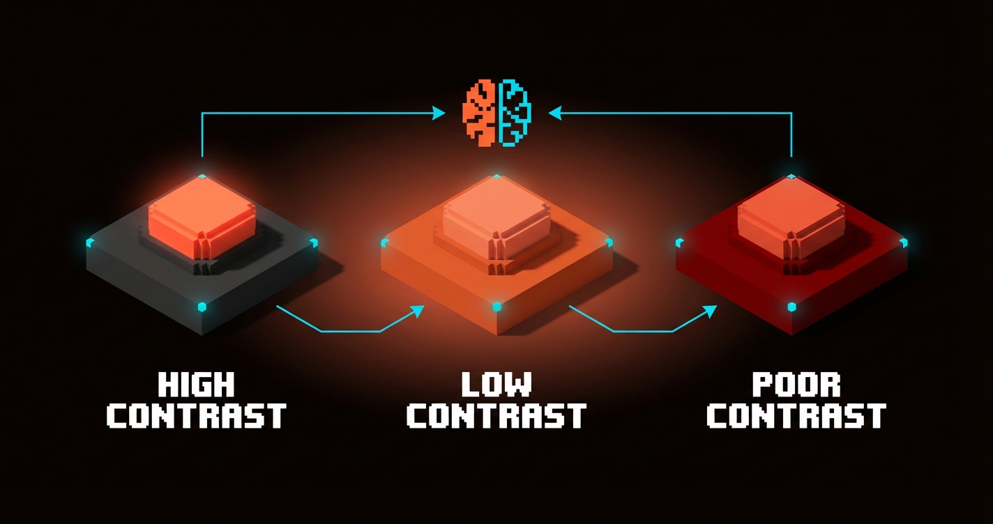 Voxel split panel showing the same coral orange button tile placed on three different backgrounds: glowing on neutral dark, washed out on orange, and nearly invisible on dark red, demonstrating context-dependent color perception