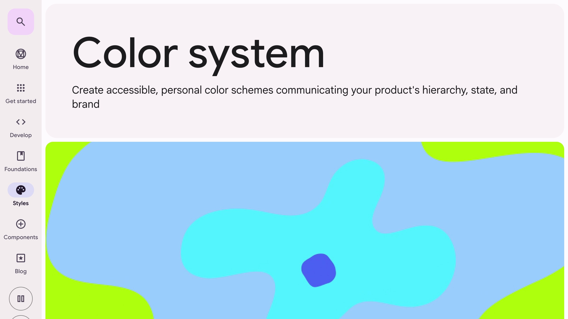 Material Design 3 color system overview documentation showing role-based color tokens, dynamic color theming, and the accessibility-paired on- token pattern