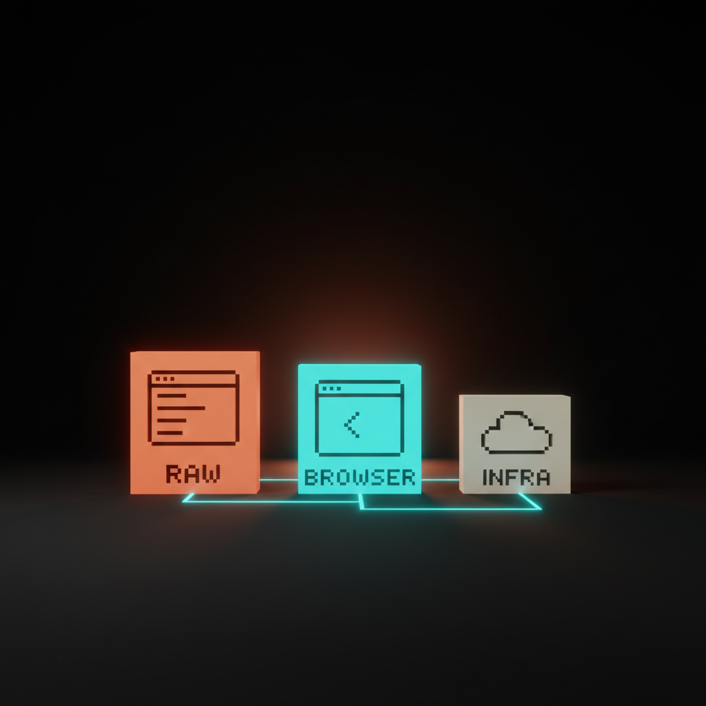 Voxel diagram of three heavy slabs in a row on the studio floor, single-word labels RAW BROWSER INFRA reading as the three flavors of computer use shipping in 2026