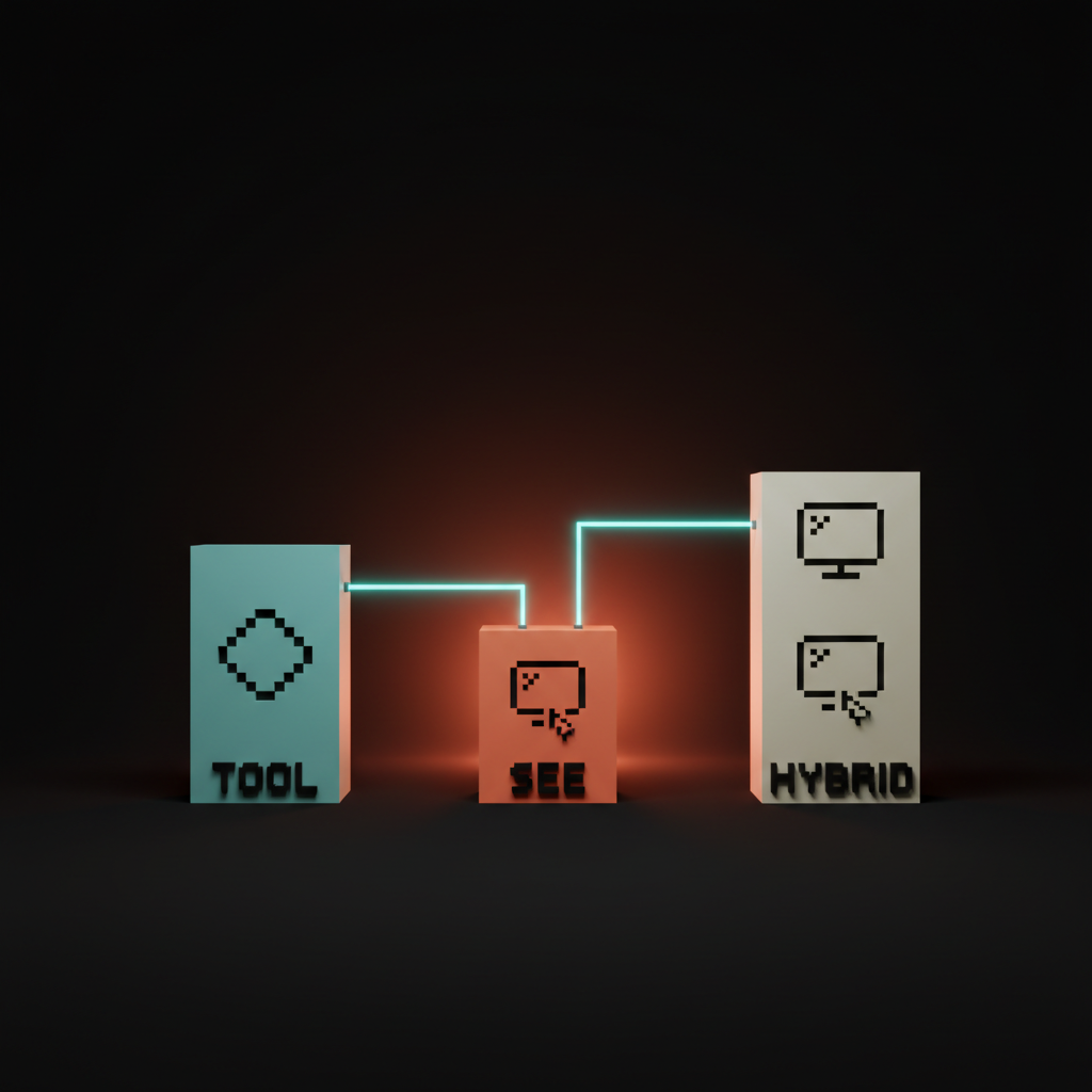Voxel composition of three pedestals on the studio floor, single-word labels TOOL SEE HYBRID reading as the three integration patterns