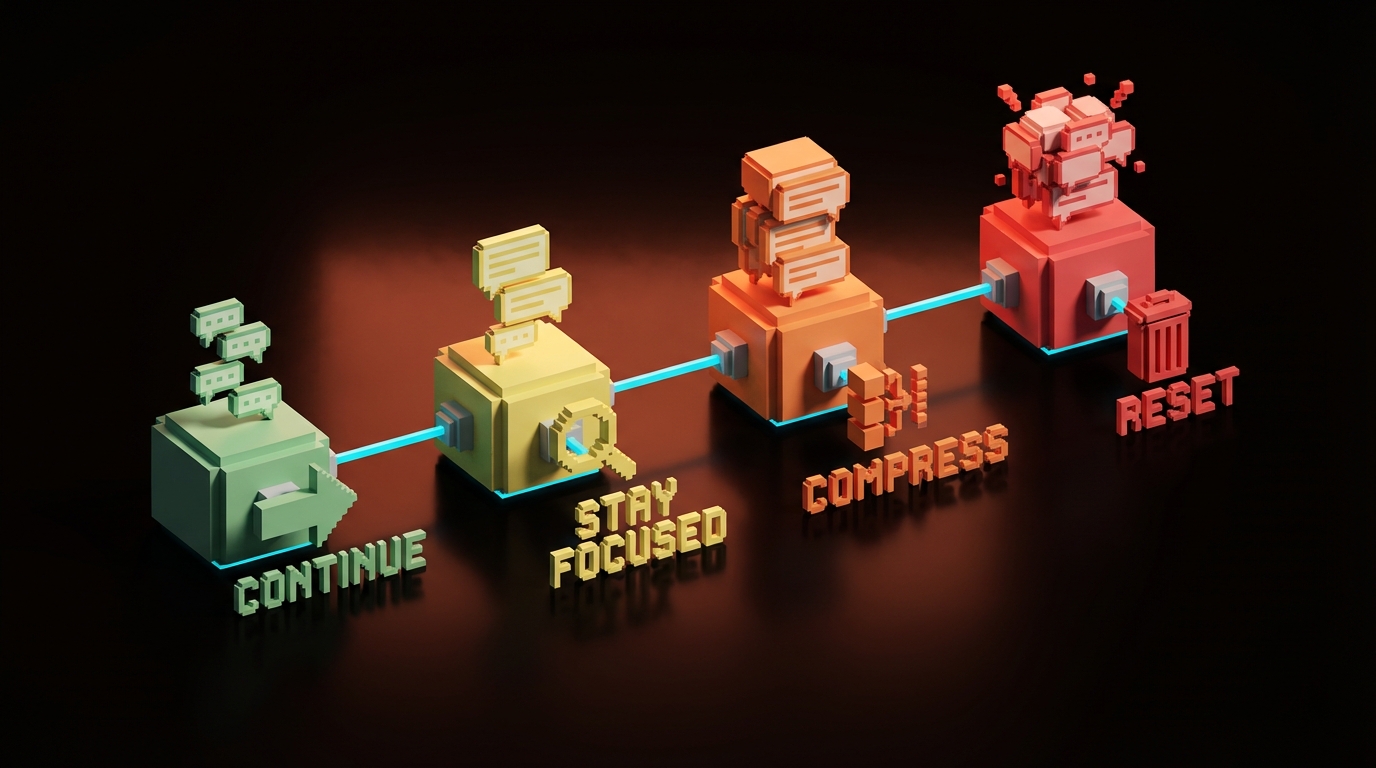 Context usage threshold chart showing green, warning, drag, and reset zones for AI sessions