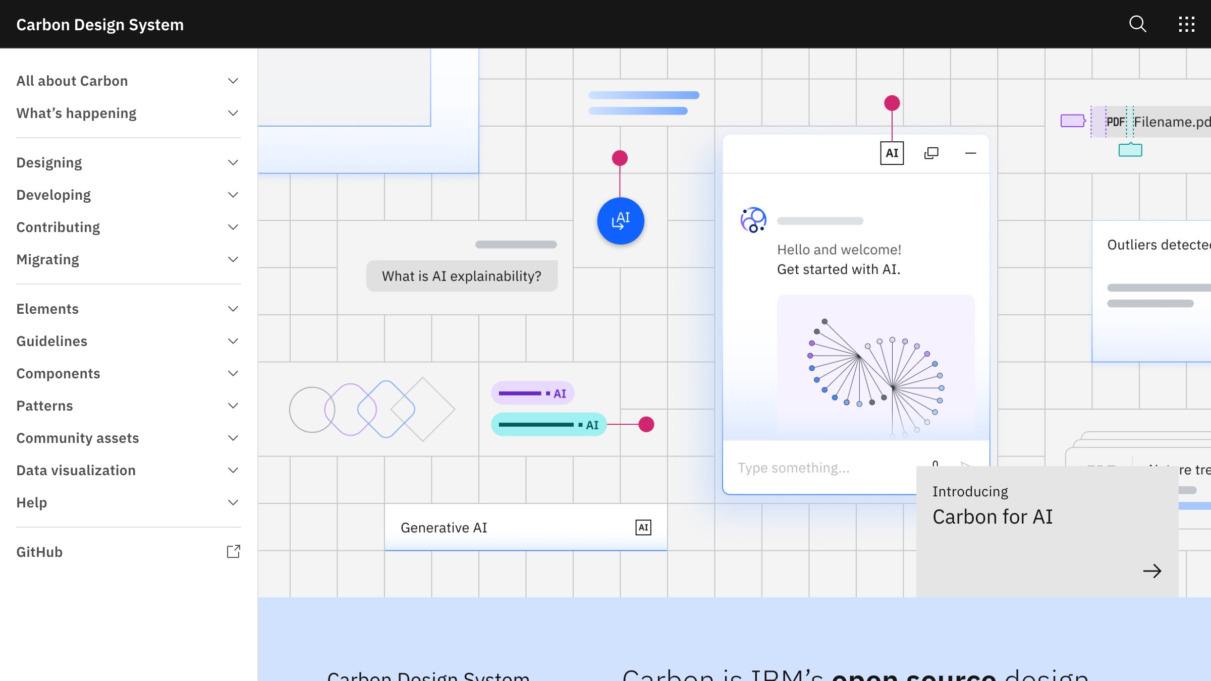 IBM Carbon Design System component library page showing token documentation and pattern scope