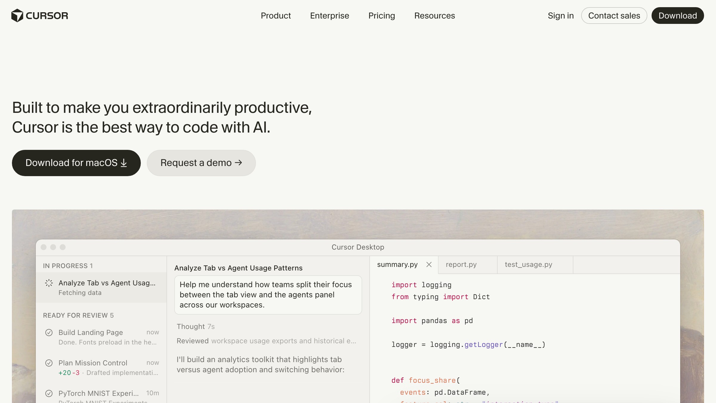 Cursor editor homepage showing the AI-powered code editing interface and VS Code fork origins