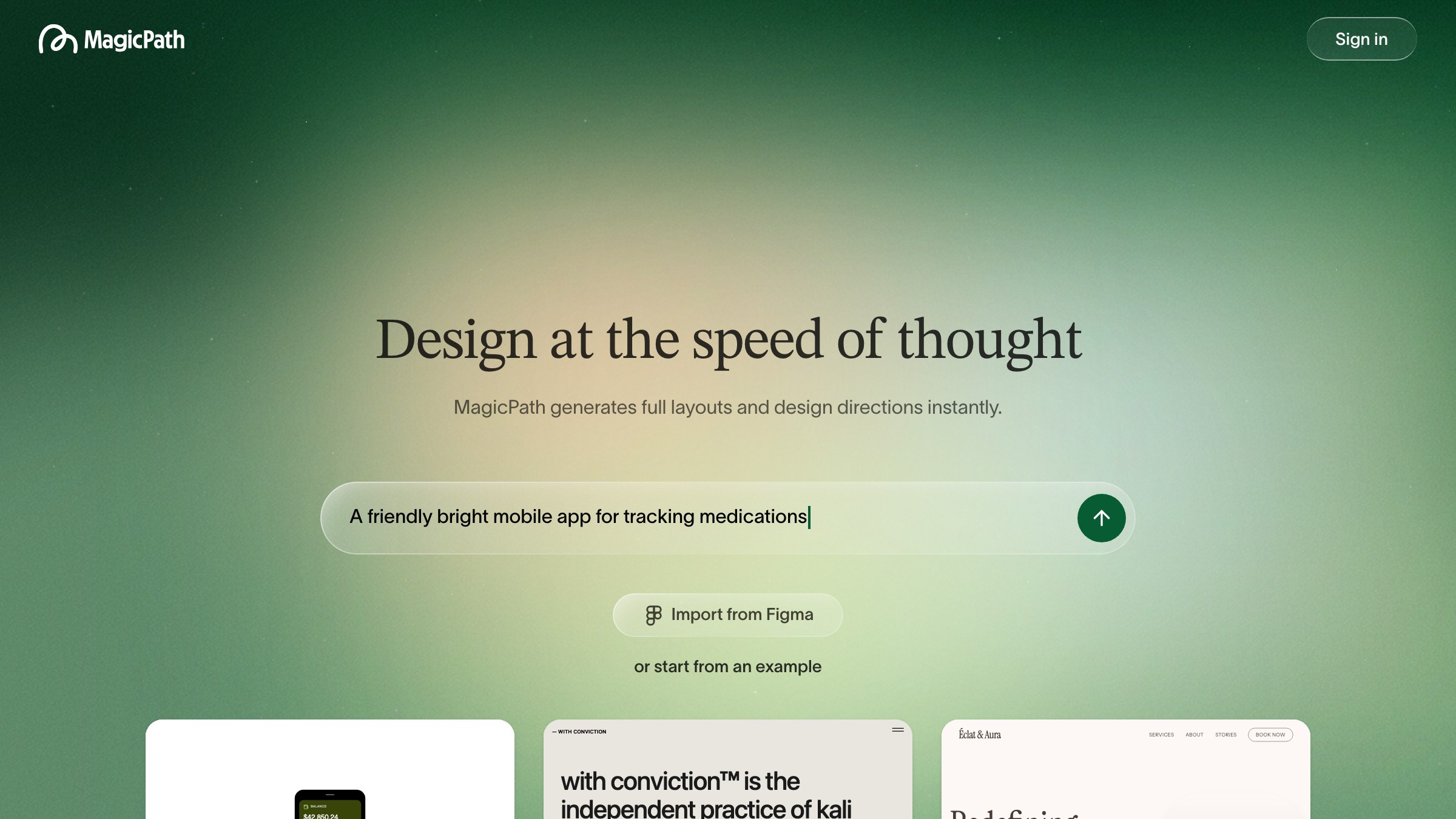 MagicPath AI interface showing a visual design and prototype environment for app creation