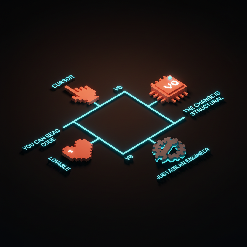 Voxel decision matrix comparing Cursor, v0, and Lovable across use case and codebase compatibility