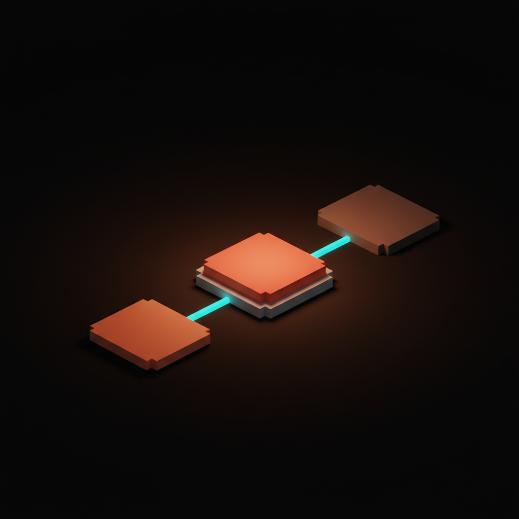 Voxel concept showing a brand accent color lifted in lightness and reduced in chroma for dark mode, preserving hue identity while eliminating visual halo