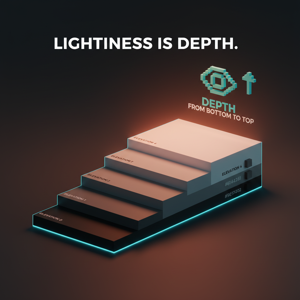 Voxel diagram labeled dark mode elevation: five stacked surfaces, each slightly lighter than the one below, with the eye reading depth from bottom to top