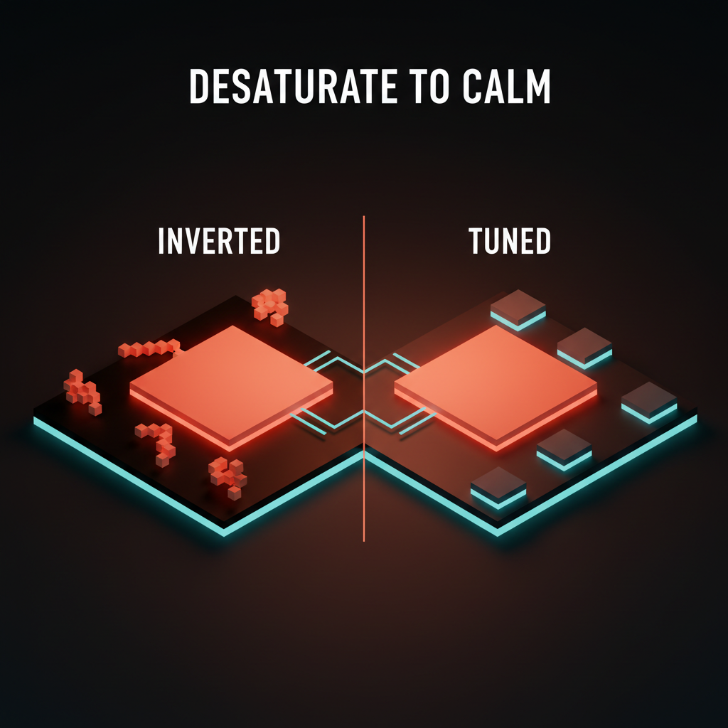 Voxel comparison. Left labeled inverted: a saturated brand accent buzzing against a black surface. Right labeled tuned: the same accent desaturated and lightened, reading as calm on the same surface