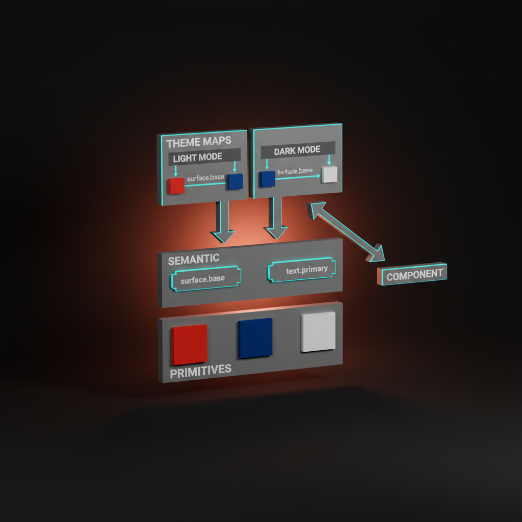 Voxel diagram labeled token layers: primitives at the base, semantic tokens in the middle, two theme maps at the top each resolving the same semantic tokens to different primitives