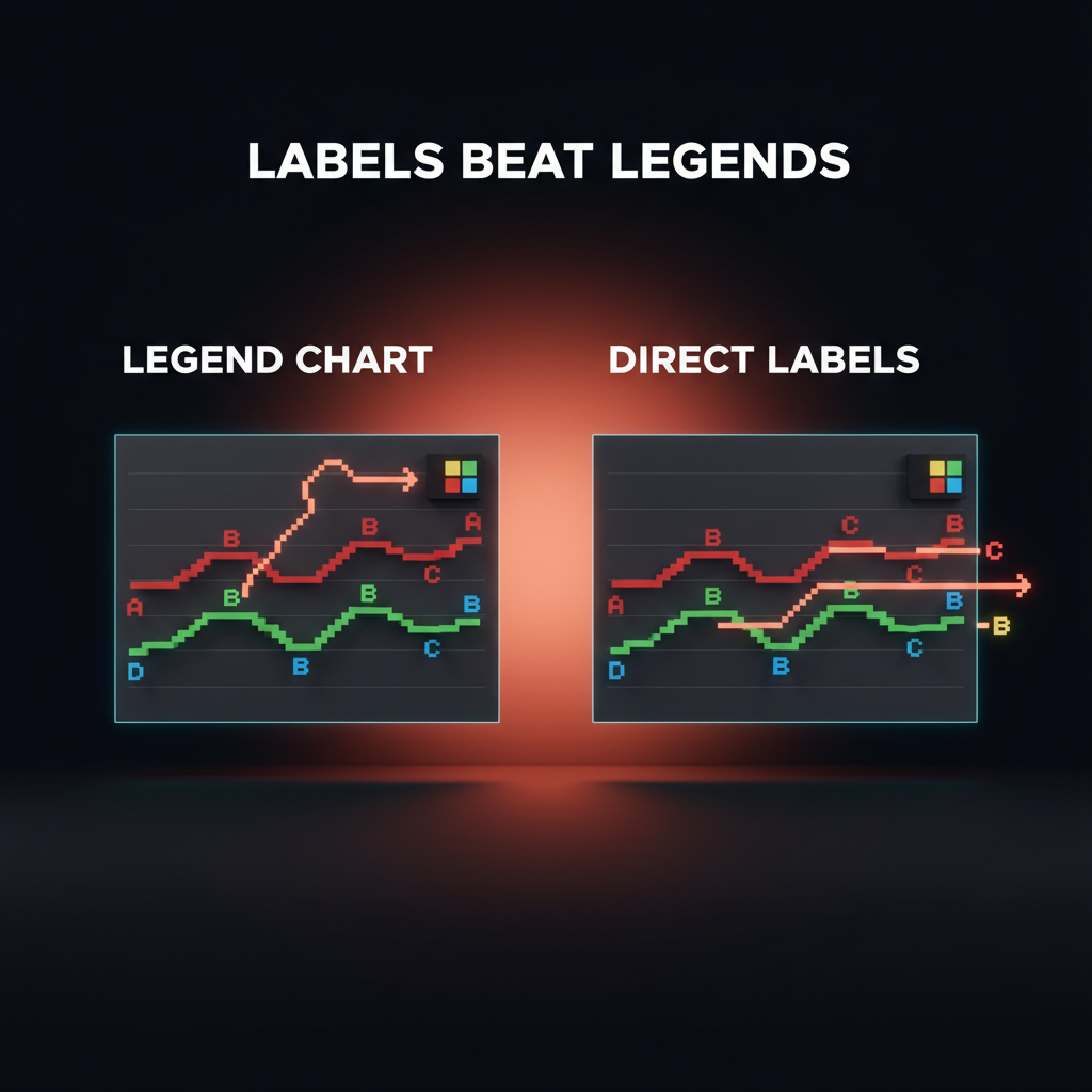 Voxel comparison. Left labeled LEGEND CHART: a line chart with a legend in the corner and the user's eye drawing a zigzag between legend and data. Right labeled DIRECT LABELS: the same chart with labels at the right end of each line and the user's eye reading left to right