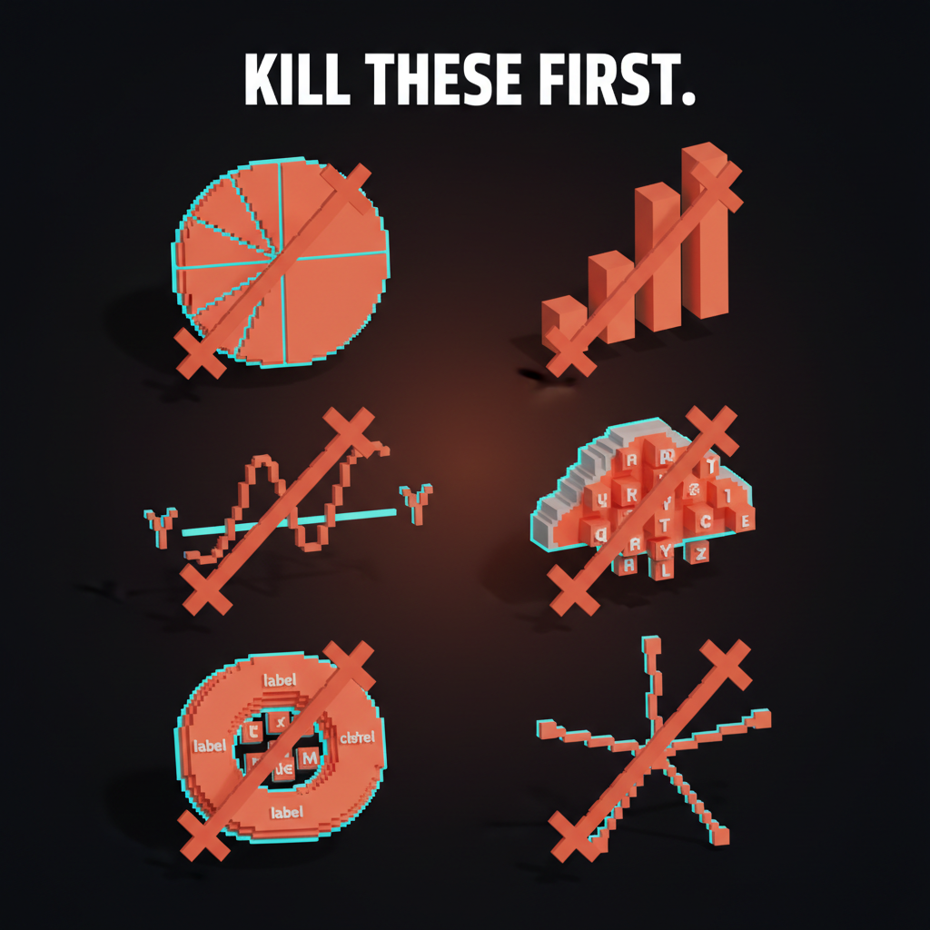 Voxel cut list. Six chart types each shown small with a red x: pie with eight slices, 3D bar, dual-axis line, donut with label inside, word cloud, radar chart