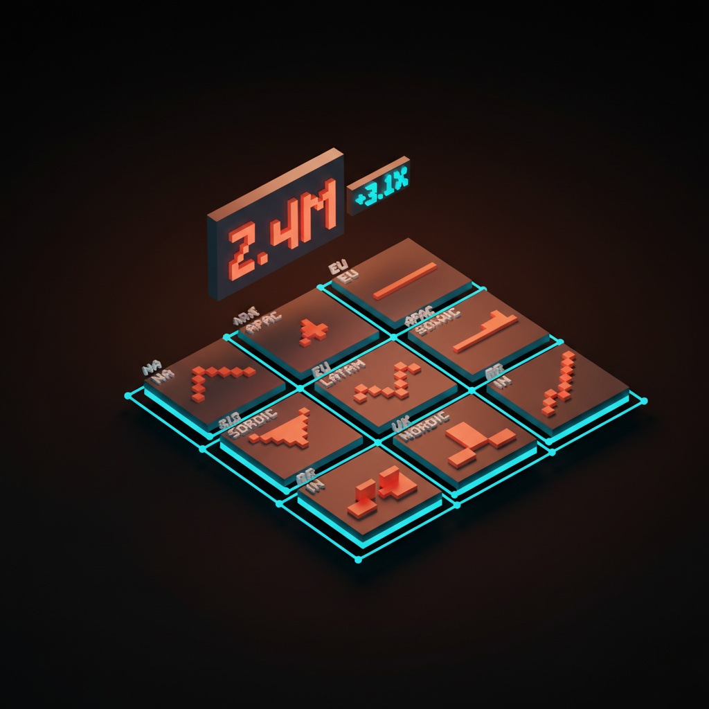 Voxel grid of nine small multiples laid out as a 3x3, each showing a different sparkline shape labeled with a region name. Above the grid, a single big number with a comparison label dominates one corner