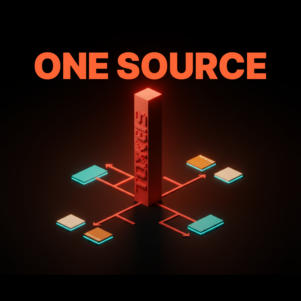 Voxel central spine in coral with arrows branching to small artboard component and app slabs on dark studio floor with coral haze