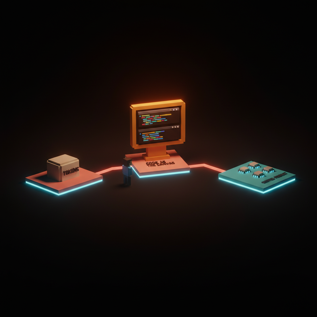 Voxel flow of three surfaces tokens monitor and product slab connected by thin coral rules on dark studio floor with coral haze