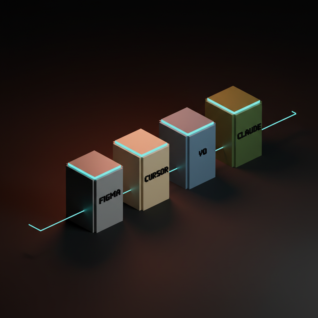 Voxel row of four heavy monoliths in coral amber cream cyan with single-word etched labels FIGMA CURSOR V0 CLAUDE on dark studio floor with coral haze