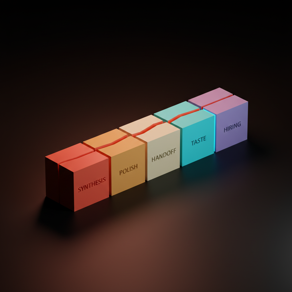 Voxel composition of five voxel blocks in a row labeled SYNTHESIS, POLISH, HANDOFF, TASTE, HIRING with a coral fault line cracking across the tops