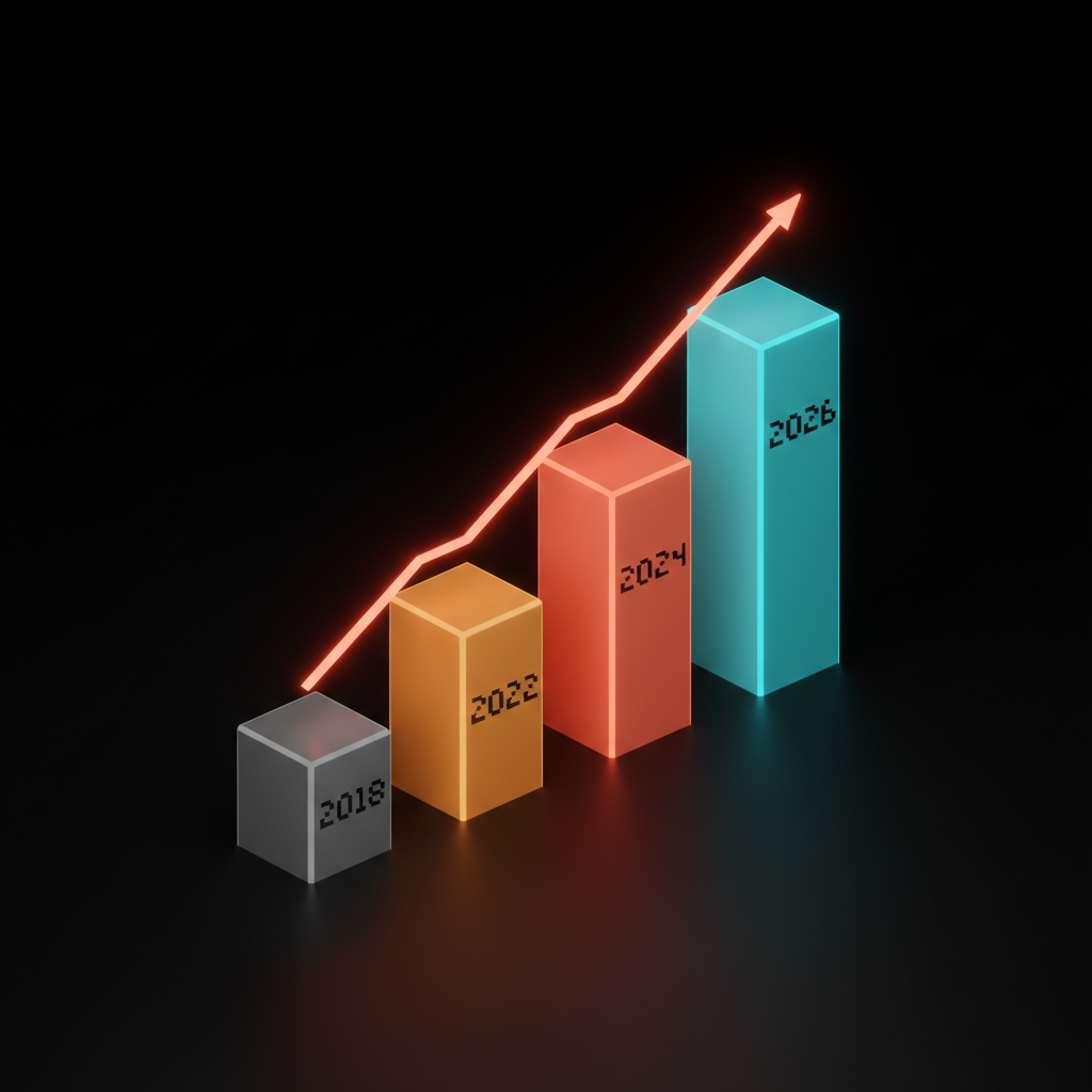 Voxel timeline of four stepped pillars rising from 2018 to 2022 to 2024 to 2026, the rightmost tallest in cyan