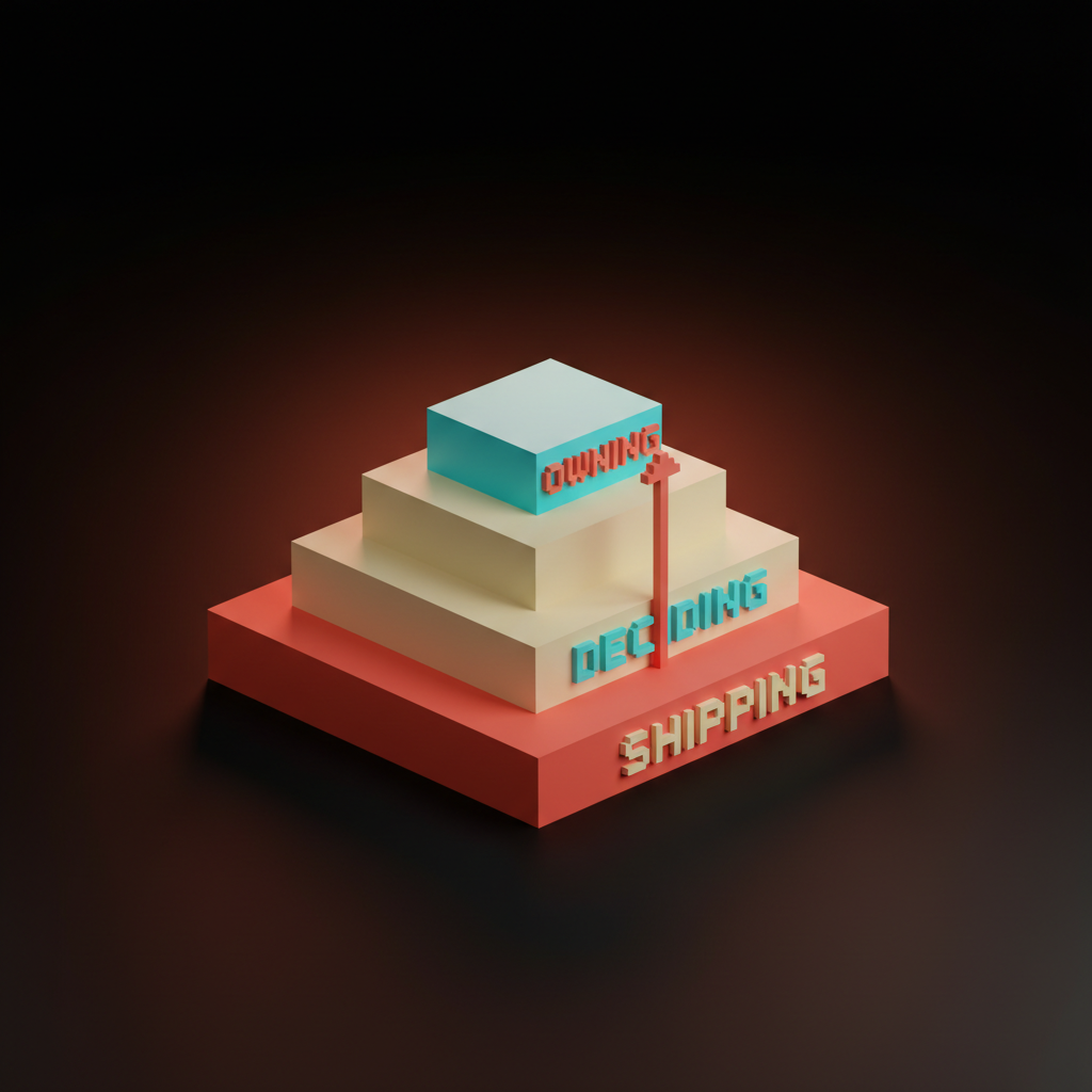 Voxel pyramid in three tiers labeled SHIPPING, DECIDING, OWNING with a coral arrow rising through the center