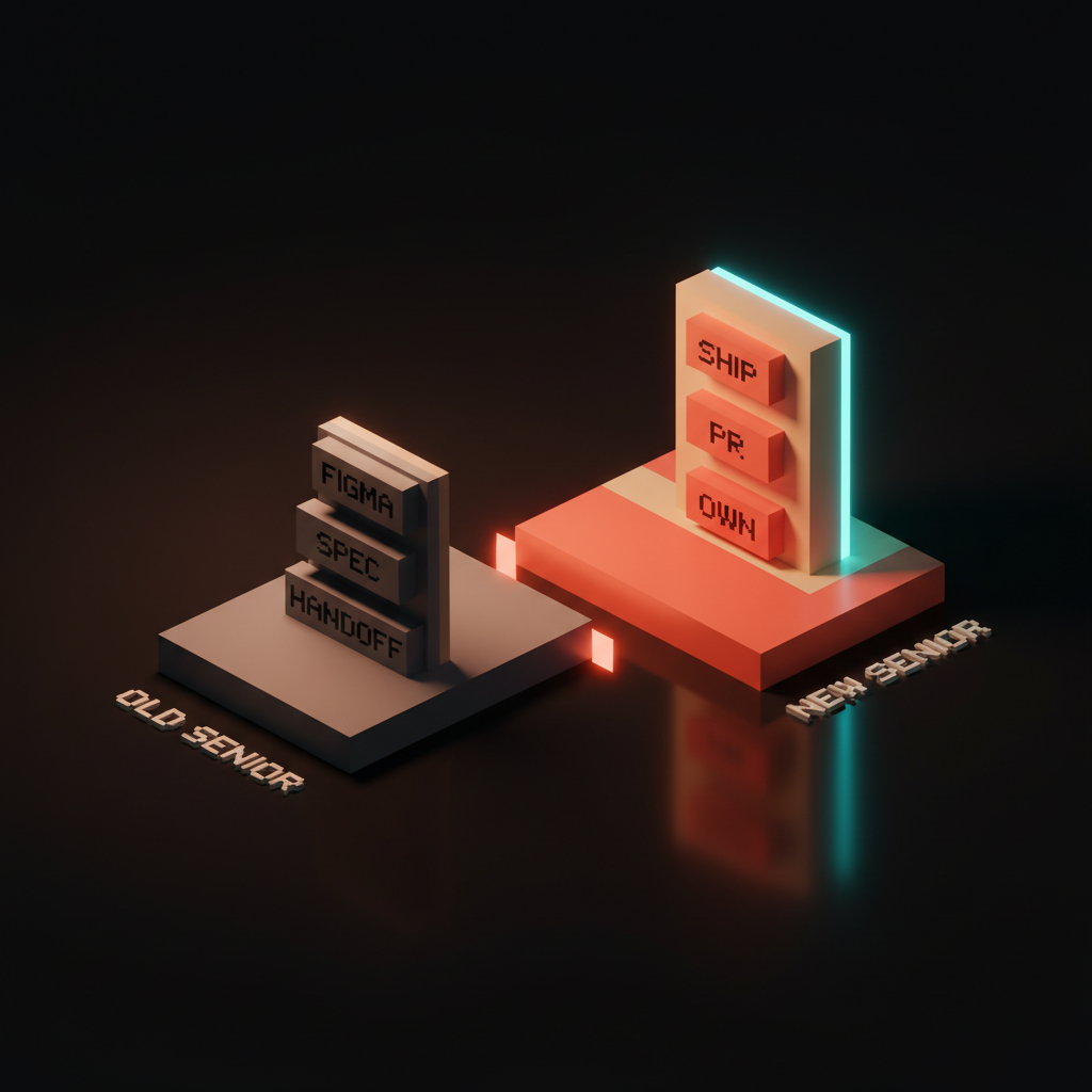 Voxel split diagram with the old senior on the left in muted gray labeled FIGMA, SPEC, HANDOFF and the new senior on the right in coral and cyan labeled SHIP, PR, OWN, the right slab clearly taller