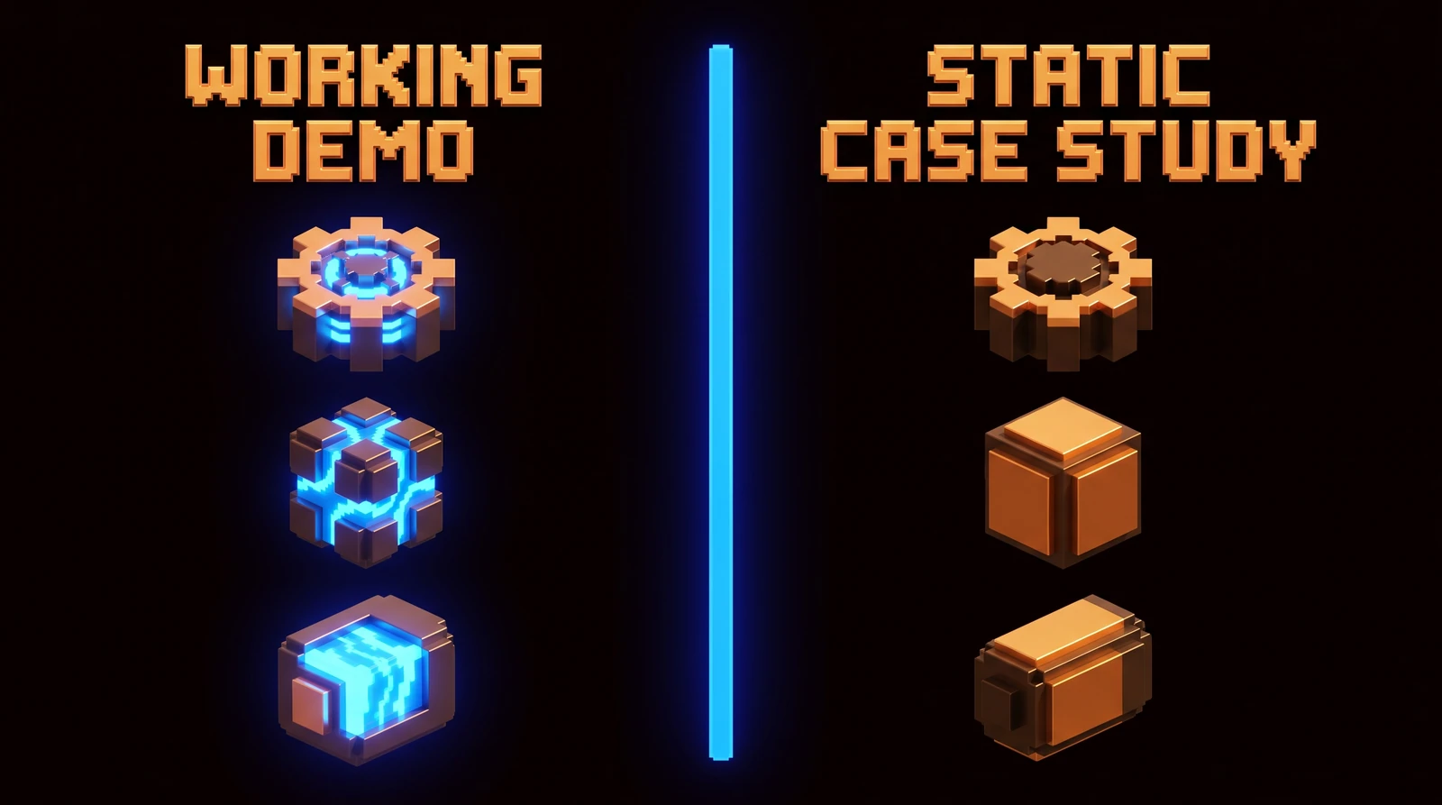 Voxel diagram contrasting a bloated case study deck against a live working artifact.