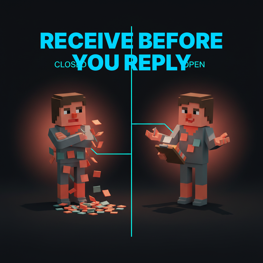 Voxel split screen. Left labeled DEFENSIVE: a designer with arms crossed, sticky notes bouncing off them. Right labeled RECEPTIVE: the same designer with sticky notes landing on a clipboard, pen in hand