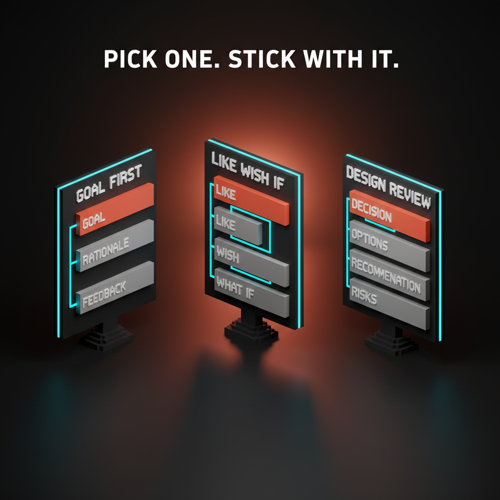 Voxel comparison of three frameworks shown as scoreboards. Each lists its three steps in colored blocks: GOAL/RATIONALE/FEEDBACK, LIKE/WISH/WHAT IF, DECISION/OPTIONS/RECOMMENDATION/RISKS