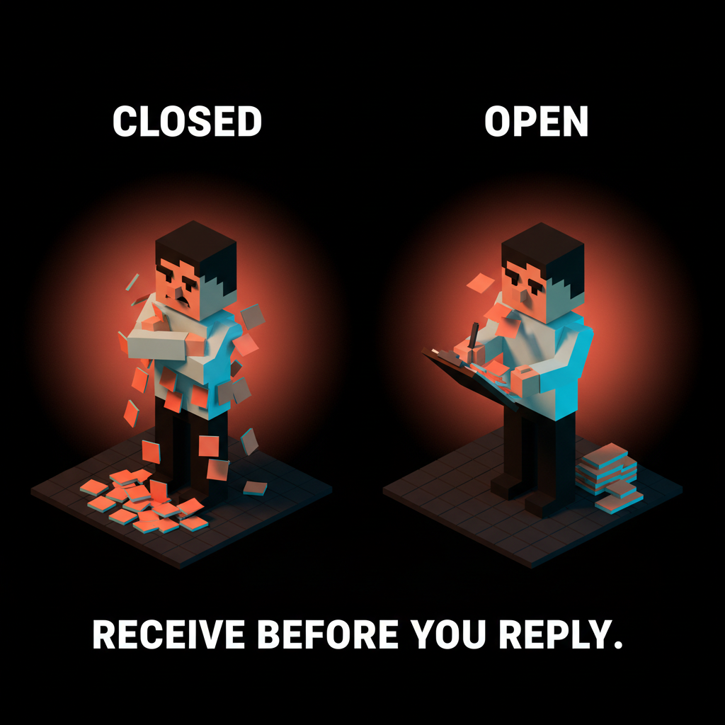 Voxel split screen. Left labeled DEFENSIVE: a designer with arms crossed, sticky notes bouncing off them. Right labeled RECEPTIVE: the same designer with sticky notes landing on a clipboard, pen in hand