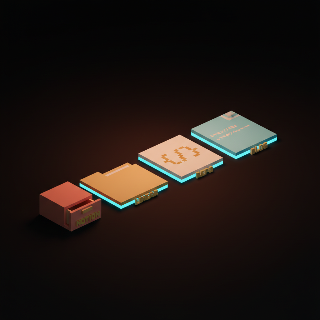 Voxel row of four containers on the studio floor in coral amber cream and cyan, single-word etched labels reading NOTION LINEAR REPO BLOG, dark studio with coral haze