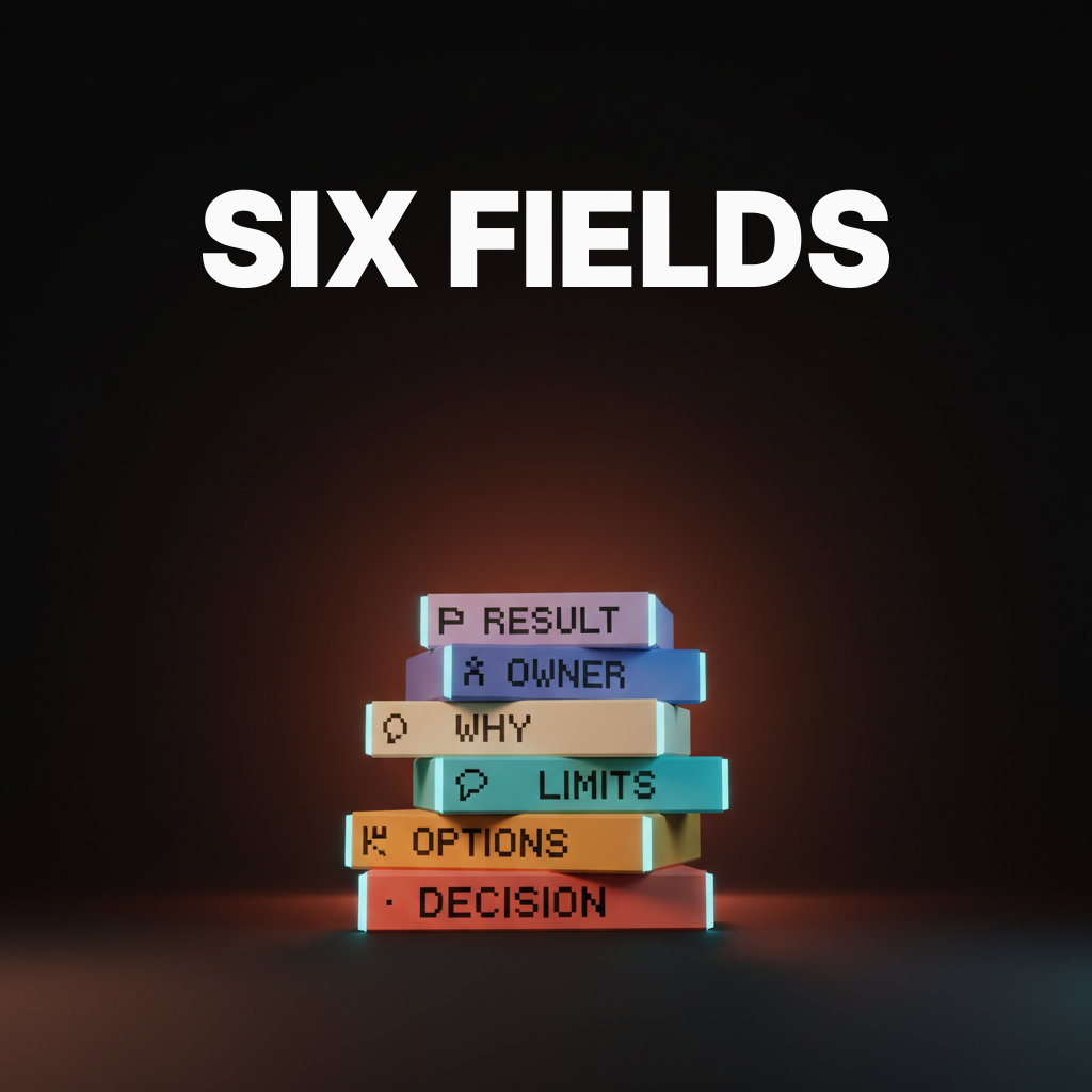 Voxel composition of a vertical stack of six heavy slabs in coral amber cream cyan indigo and soft violet on the studio floor, single-word etched labels reading DECISION OPTIONS LIMITS WHY OWNER RESULT, dark studio with coral haze