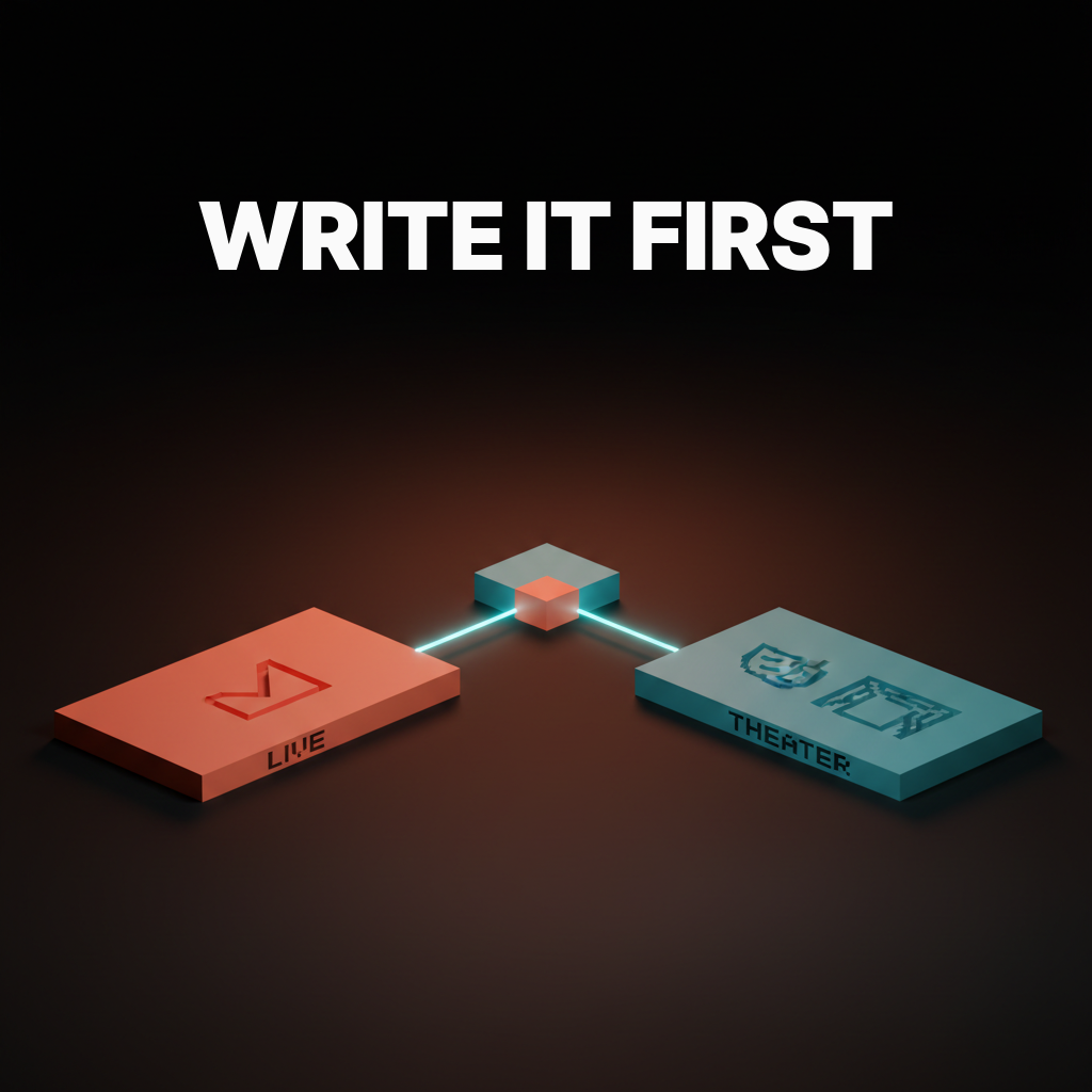 Voxel forked path on the studio floor, two slabs diverging from a single block, the left coral slab labeled LIVE with a checkmark glyph, the right cyan slab labeled THEATER with a mask glyph, dark studio with coral haze