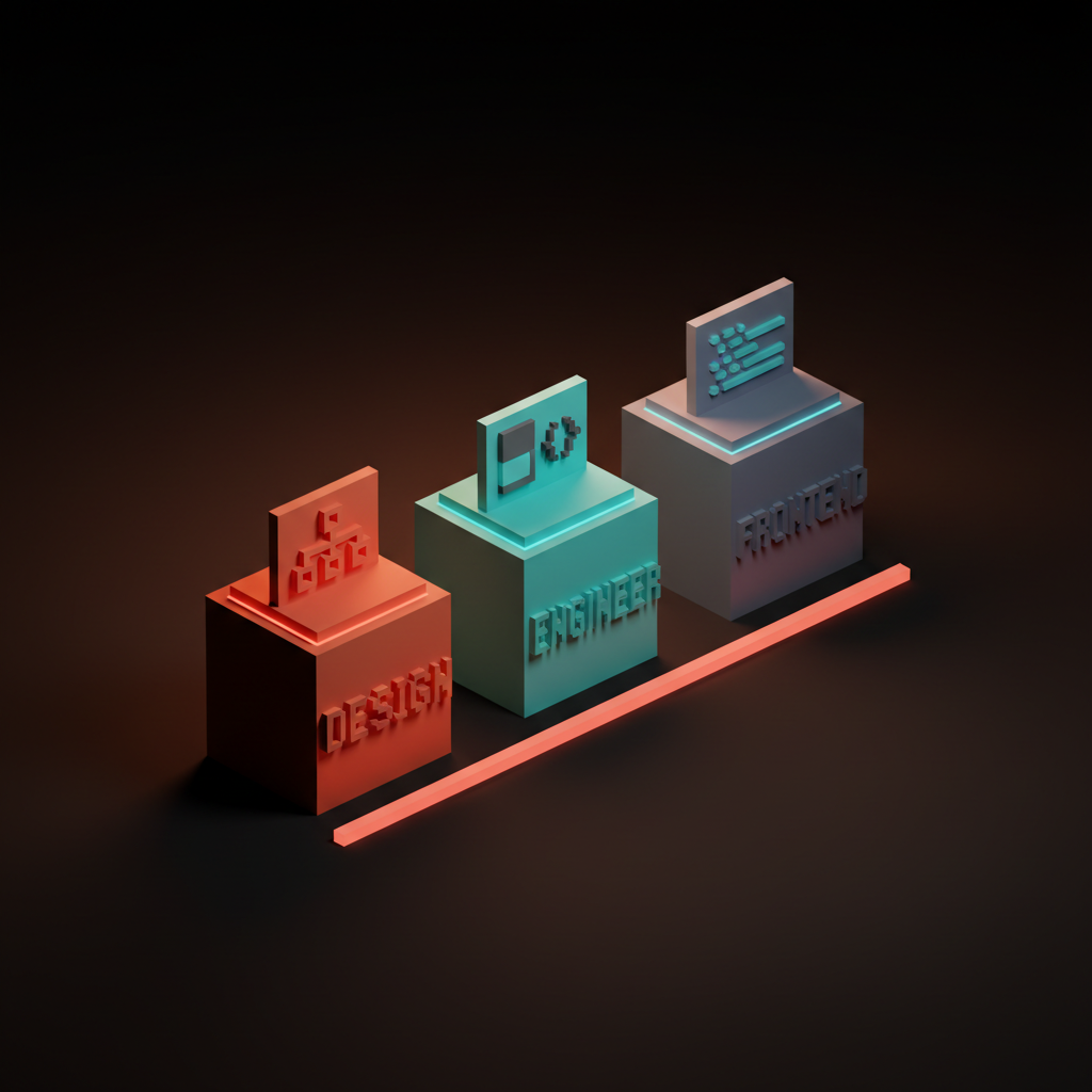 Voxel diagram showing three pedestals on the studio floor in coral cyan and indigo, single-word etched labels reading DESIGN ENGINEER FRONTEND
