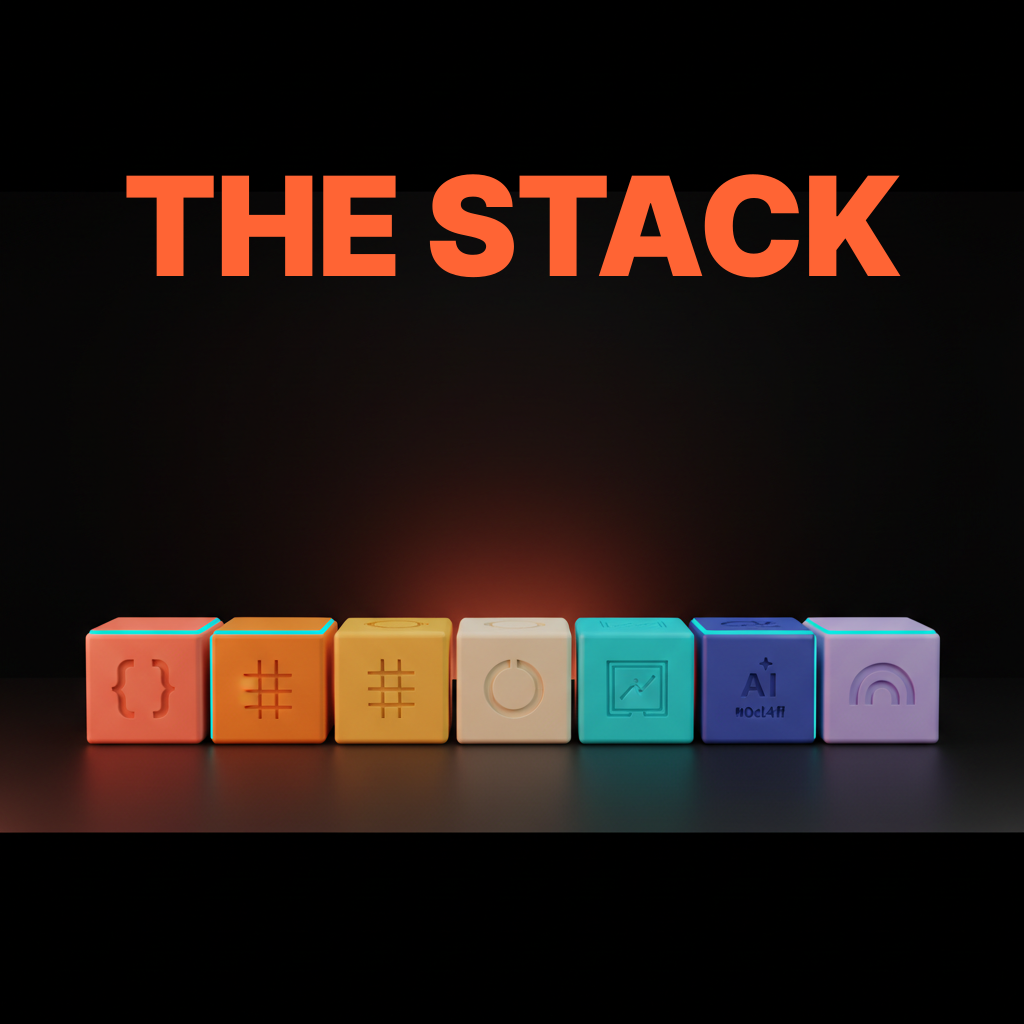 Voxel composition of six small voxel blocks on the studio floor in coral amber cream cyan indigo and soft violet, single-word etched labels reading REACT TAILWIND SYSTEM FIGMA AI MOTION