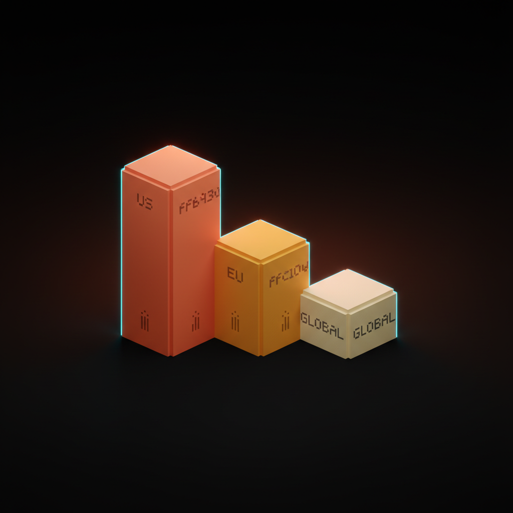 Voxel composition of three stepped pillars on the studio floor in coral amber and cream, single-word etched labels reading US EU GLOBAL