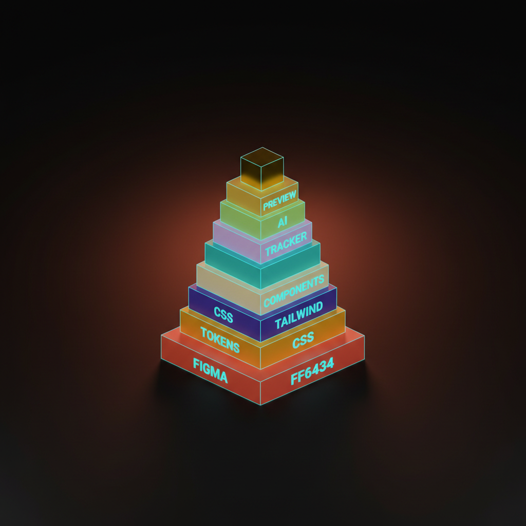 A voxel visualization of the complete design engineering toolchain as a single connected pipeline, from a Figma file at one end to a Vercel preview URL at the other
