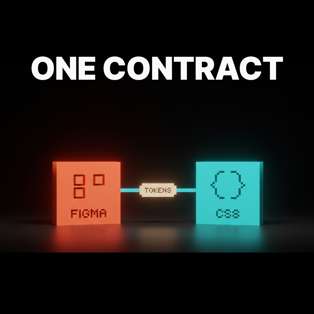 A voxel bridge connecting Figma token definitions on one side to a typed JSON contract in a code repository on the other, representing the Tokens Studio export pipeline
