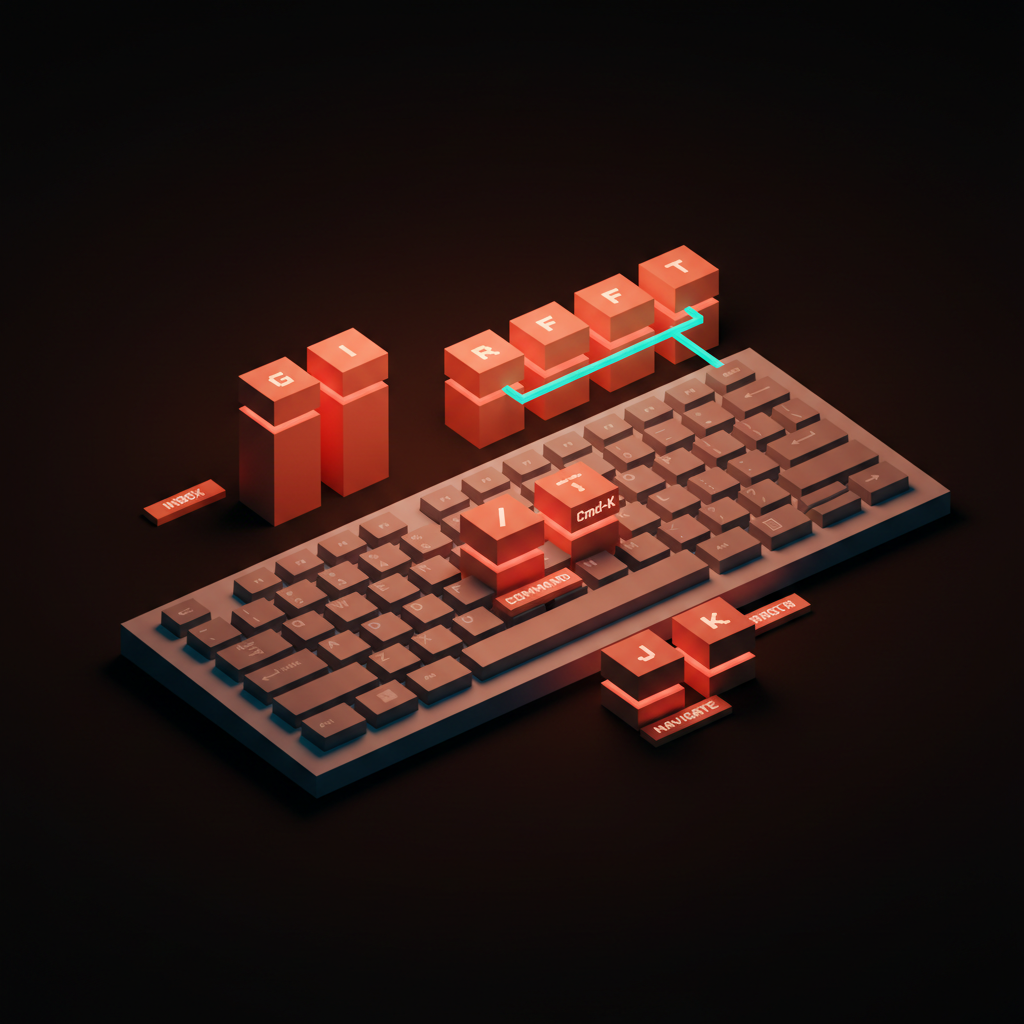 Voxel keyboard laid flat with selected keys raised on coral pedestals: G+I for inbox, V R F T for Figma tools, slash and Cmd-K at center, J K for navigation, the rest of the keys muted gray