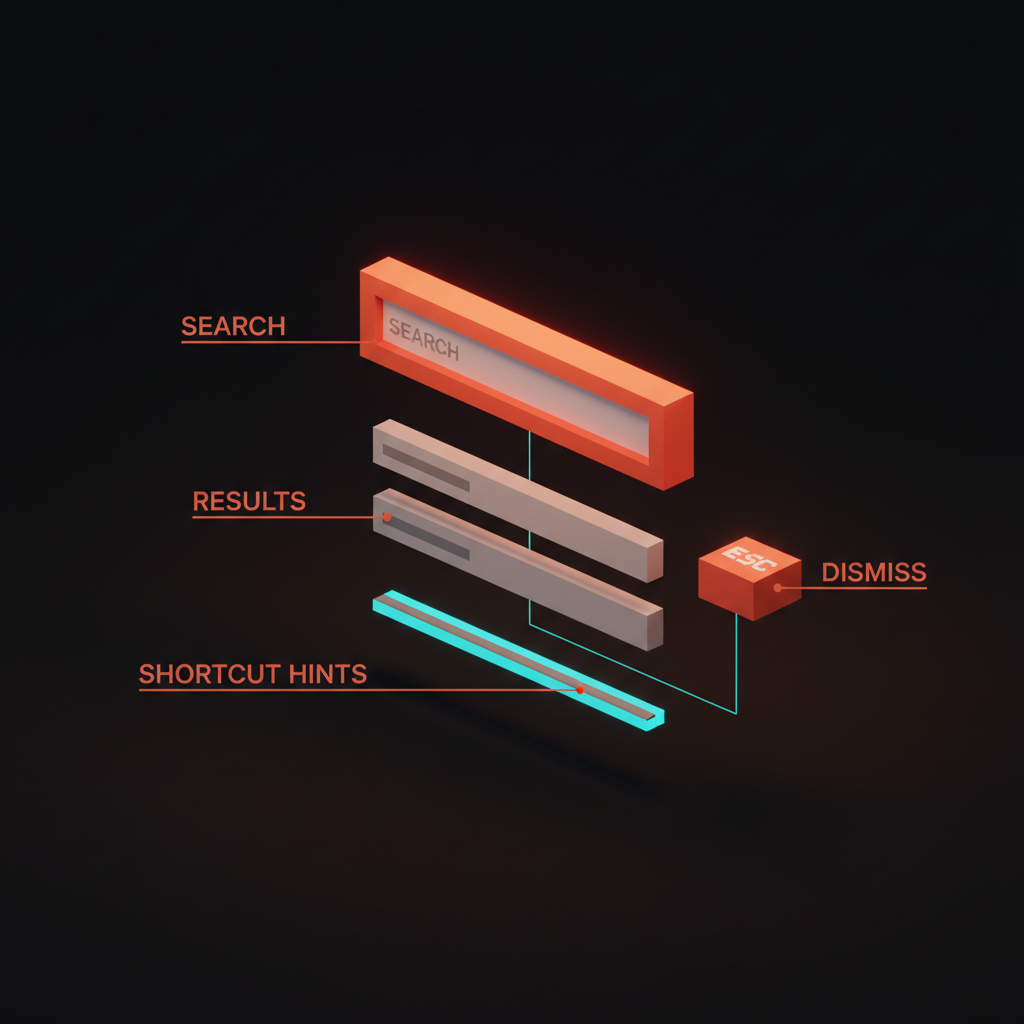 Voxel anatomy of a single command palette pulled apart into labeled parts: a coral search input at the top, three result rows in the middle, a cyan footer of shortcut hints, an ESC keycap floating off to the right