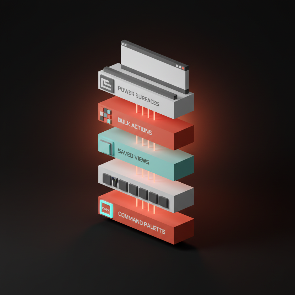 Voxel framework of five stacked layers tilted toward the camera: command palette, keyboard layer, saved views, bulk actions, and power surfaces, connected by thin coral lines like a backbone