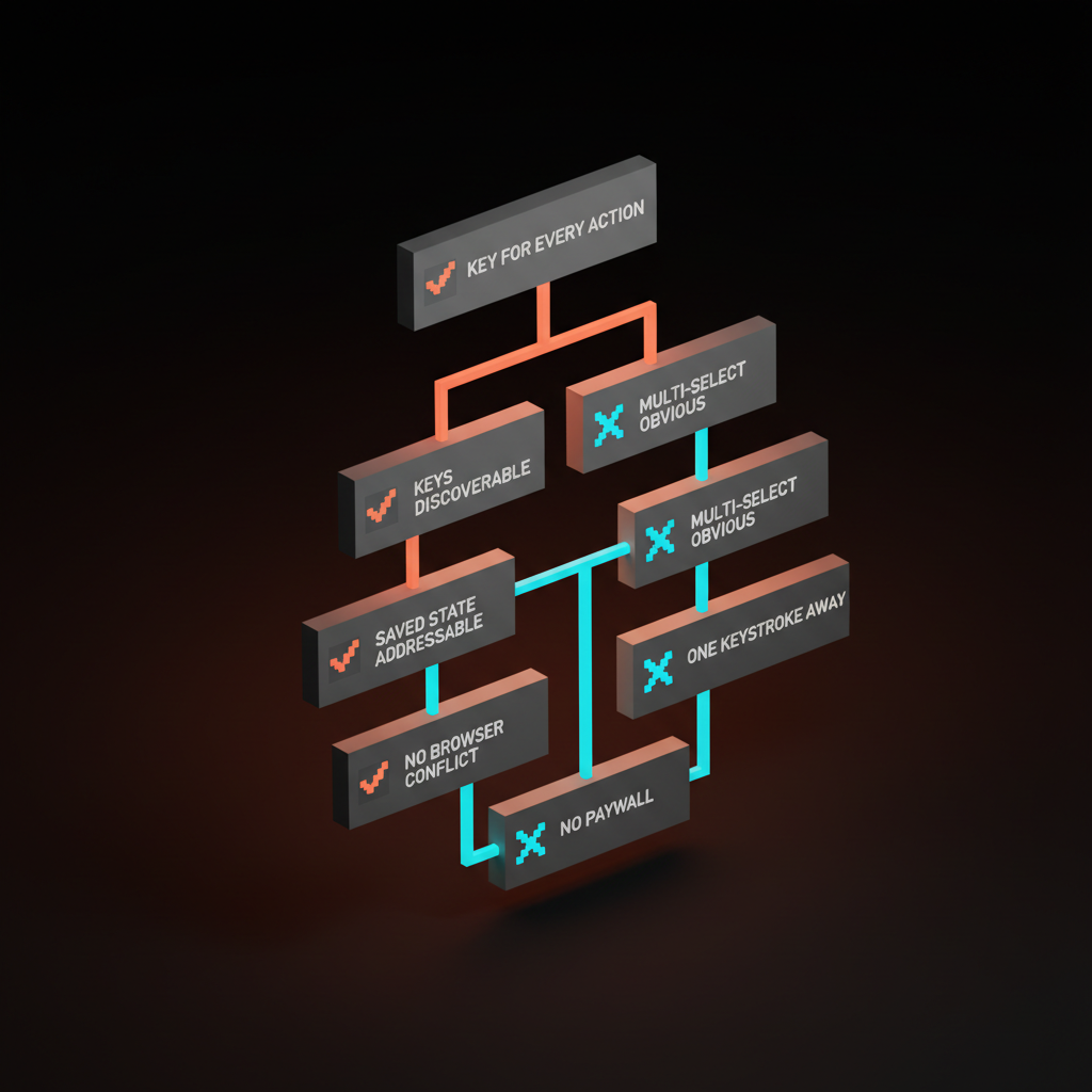 Voxel decision-tree of seven question blocks descending the frame: key for every action, keys discoverable, multi-select obvious, saved state addressable, one keystroke away, no browser conflict, no paywall