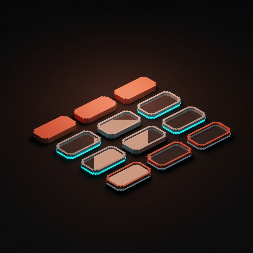 Voxel diagram of a button component with all variants visible: size, type, and state, each labeled with the corresponding token reference